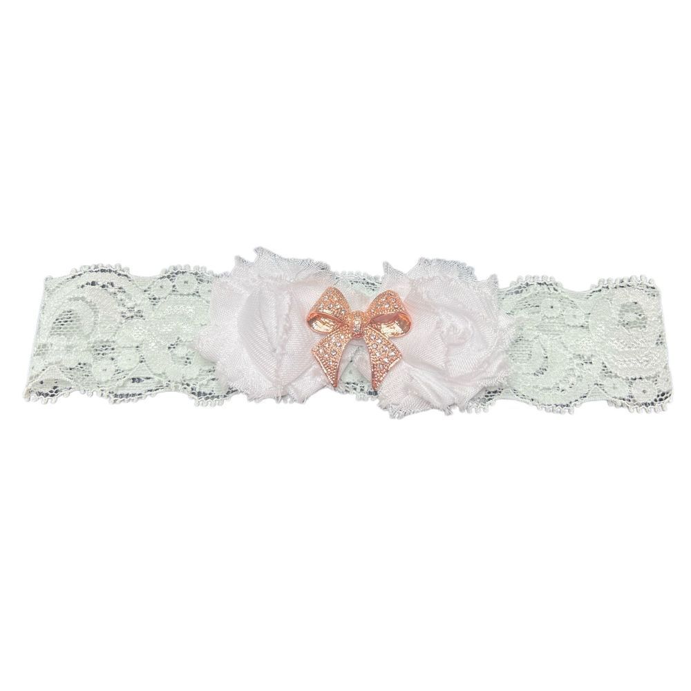 Rose Gold Rhinestone bow bridal garter, pale mint lace, new without tag.